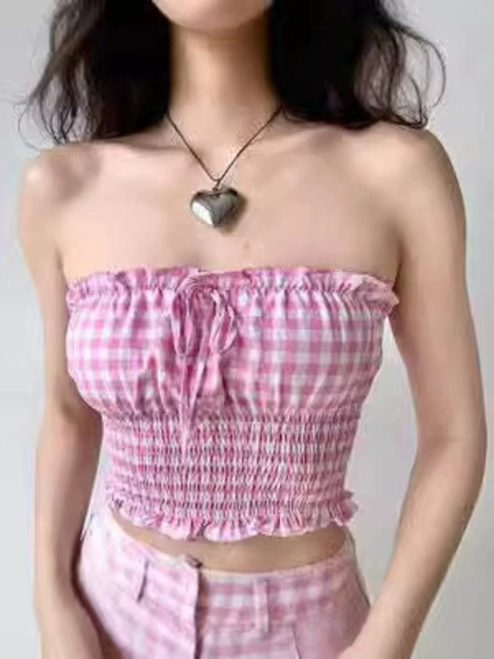 Zara Printed Plaid Bubble Texture Tube Top